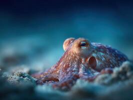 An interested octopus using camouflage skills on ocean floor photo