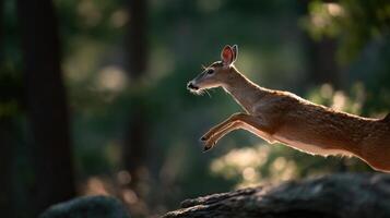 Beautiful White Tailed Buck Bound Gracefully Over A Log photo
