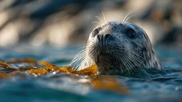 An interested seal has fun with a strand of marine kelp photo
