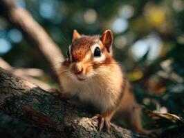 Curious striped chipmunk stuffs cheeks with nuts from tree branch photo