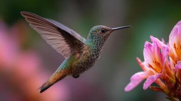 Delicate hummingbird performs aerial ballet around exotic blossom photo