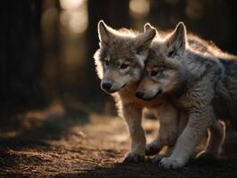 Cute Grey Wolf Youngsters Having Fun Wrestling Amidst Trees photo