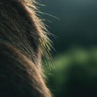 Close up showing a single grass strand on smooth deer hide photo