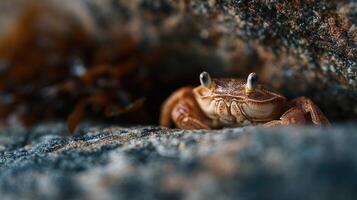 An interested crab peeks out from a tight rock space photo