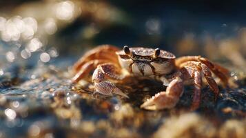 An interested crab wanders through a warm shoreline tide pool photo