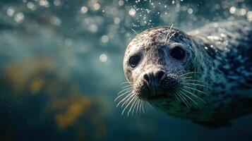 An interested seal swims with grace in its aquatic home photo