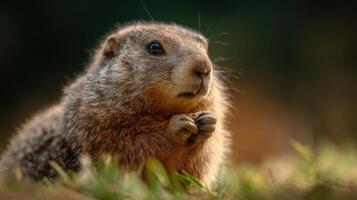 An interested groundhog is feeding on verdant pasture grass photo
