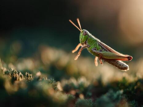 Dynamic Action Shot Of A Jumping Green Grasshopper photo