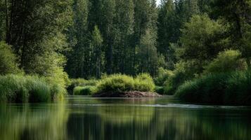 Calm waterway in summertime with a beaver dam lodge structure built photo