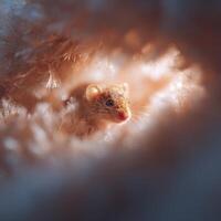 Extreme close up of tiny pollen on a fluffy baby mouses coat photo
