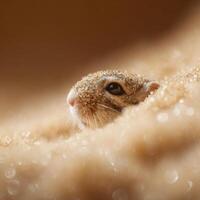 Extreme close up of tiny pollen on fluffy baby degus coat photo