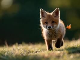 Little fox kit has fun pouncing on an unsuspecting butterfly photo