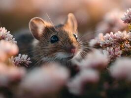 Little field mouse dashes unseen through dense tall wildflowers growth photo