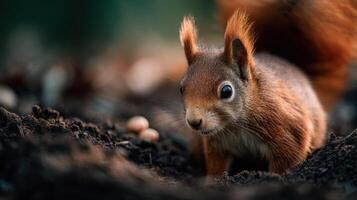 Eurasian Red Squirrel Caches Food In The Rich Forest Dirt photo