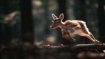 Lively Little Deer Clears A Fallen Tree With An Easy Leap photo