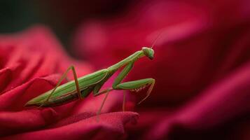 Long Green Mantis Rests On Vivid Colored Rose Petal photo