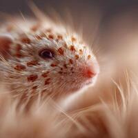 Extreme close up of tiny pollen on a fluffy baby hamsters coat photo