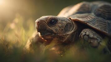 Exploring Tortoise Moves Slowly Through Sun Kissed Grass photo