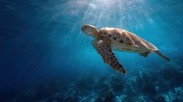 Gentle Sea Turtle Navigates Calmly In Sparkling Blue Ocean photo