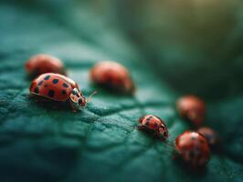 Group Of Ladybugs On The Surface Of Large Leaf photo