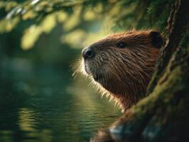 Hardworking Beaver Bites Into Wood Next To A Warm River photo