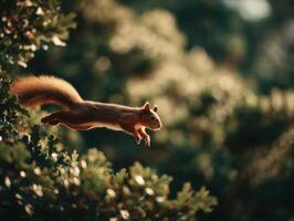 Impressive bushy tailed rodent springs from one oak bough to another photo