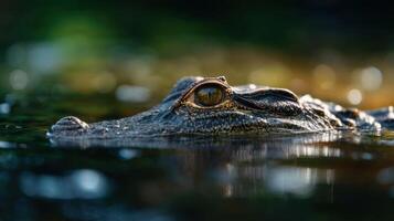 Large Black Crocodilian Waits Stealthily Semi Submerged In Murk photo