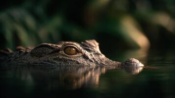 Large Reptile Caiman Waits Stealthily Semi Submerged In Bog photo