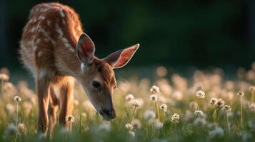 Lively Little Deer Enjoys Fresh Grass In A Sunny Forest Clearing photo