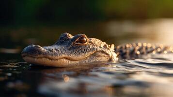 Large American Reptile Waits Stealthily Semi Submerged In Water photo