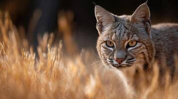 Elusive Bobcat On The Hunt Hidden Within Tall Dry Grassland photo