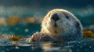 Lively Sea Mammal Enjoys The Ocean Kelp Forest While Floating photo