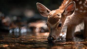 Lively Little Deer Sips Water Gently At A Small Forest River photo