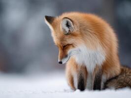 Quick Cunning Fox Grooms Itself Carefully In Snow Covered Area photo