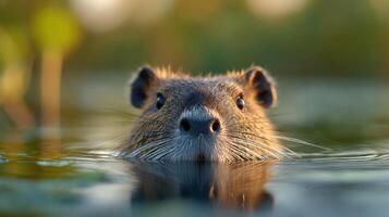 Partially submerged nutria rodent showing curiosity in calm water photo