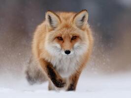 Quick Cunning Fox In Pursuit Of Prey In A Snow Covered Field photo