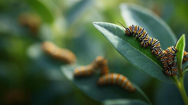 Multiple Monarch Butterfly Larvae Feast On Milkweed photo