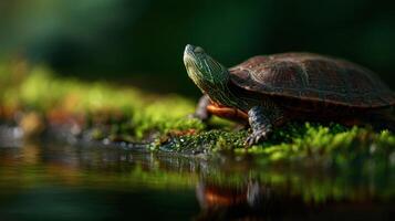 Painted Turtle Explores And Sunbathes On A Log With Moss photo
