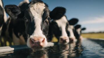 Several milking cows are hydrating from a pristine shared trough photo