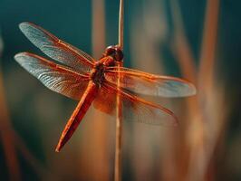 Ruby Colored Dragonfly Alights On Tall Pond Plant photo