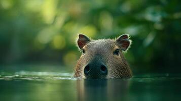 Partially submerged capybara showing curiosity in the flowing river water photo