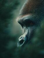 Reserved Primate Gorilla Takes A Quick Glance From Leafy Cover photo