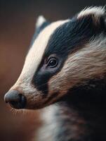 Serene badgers unique facial stripes visible from its earthy home photo