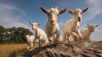 Several frisky goats ascend a rock formation in grassy area photo