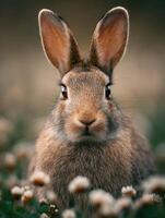 Relaxed Wild Rabbit Captured In A Still Meadow With Wildflowers photo