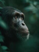Reserved Ape Chimpanzee Takes A Quick Glance From Plant Hideout photo