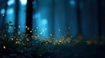 Many Fireflies Create Magical Light In Summer Woods photo