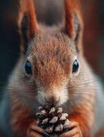 Small alert squirrel with a tasty pinecone its eyes shining brightly photo
