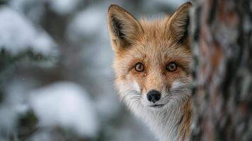 Sly Fox Hides Partially Peeking Around Tree In Winter Snowfall photo
