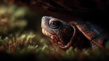 Small Freshwater Turtle Remains Hidden Below Underwater Tree Trunk photo